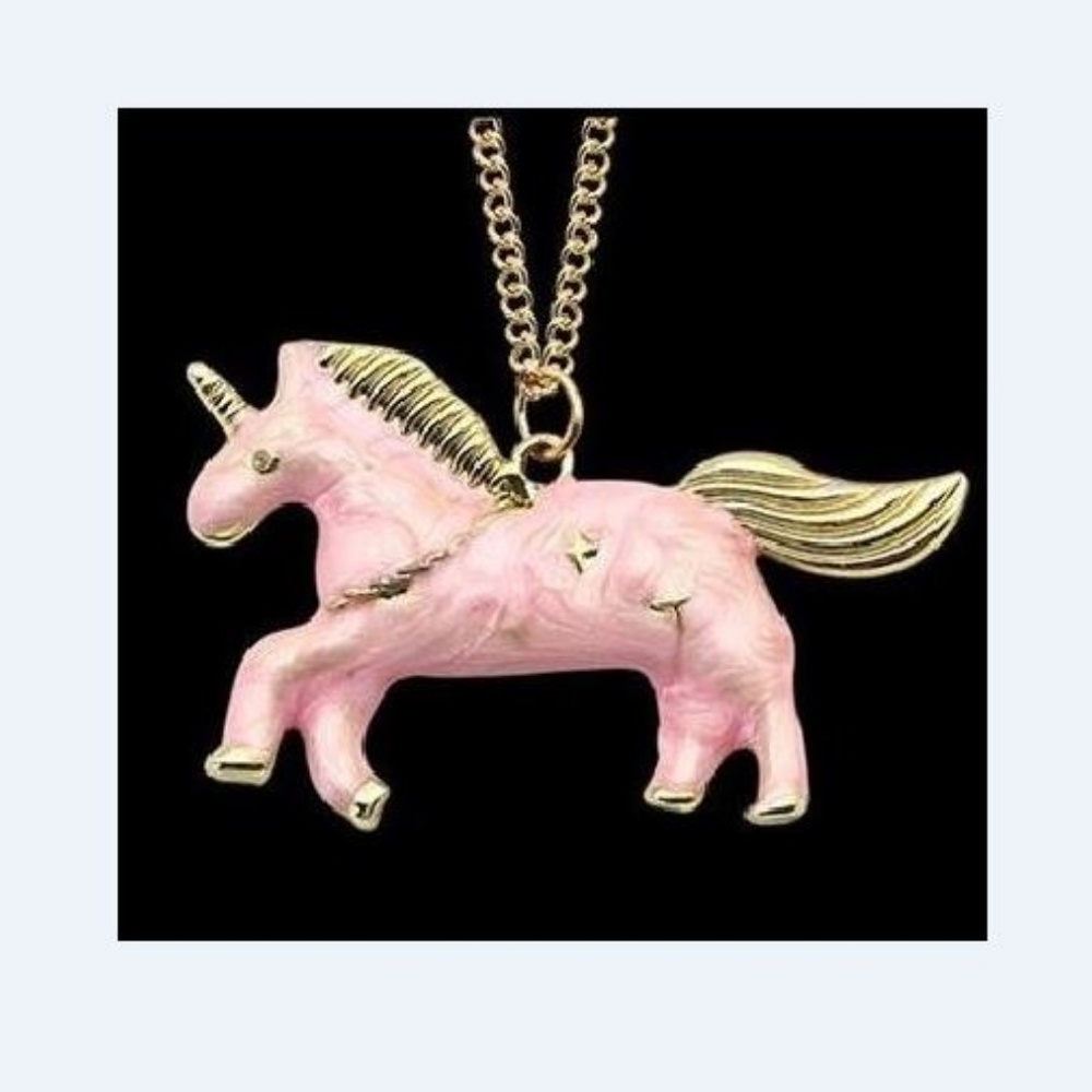 Brand New Cute Pink Enamel Golden Unicorn Necklace